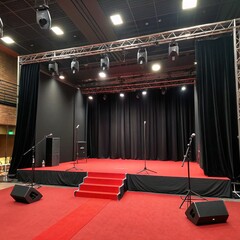 empty stage with red curtains