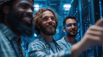 Diverse team of young males collaborating in a technology server room.