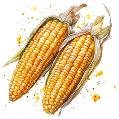 Roasted Corn Cob Spices, watercolor clipart vector, isolated on a white background.