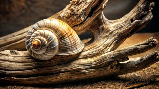 A seashell rests on weathered driftwood, a testament to nature's artistry.