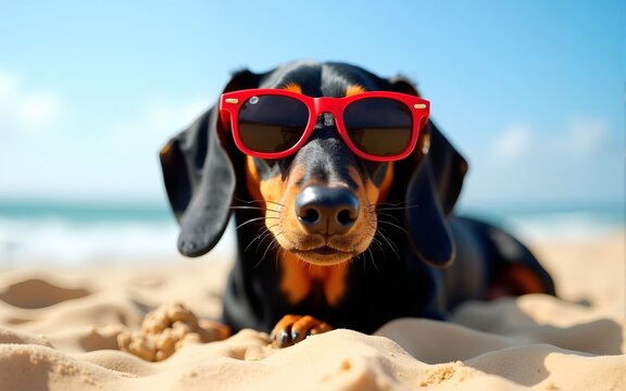 beautiful dog of dachshund, black and tan, buried in the sand at the beach sea on summer vacation holidays, wearing red sunglasses. High quality