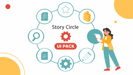 Illustration of story circle with ui pack and woman holding paper surrounded by icons on a white background