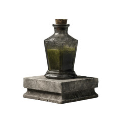 Antique Glass Bottle with Dark Green Liquid on Stone Pedestal