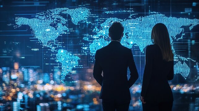 Futuristic world trade summit with international business leaders discussing AI-driven globalization