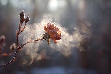 Frozen rose in a winter sunrise.