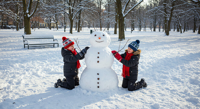 Children building snowman in winter park