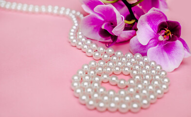 Pearl necklace and Purple orchid on pink background
