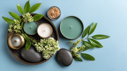 Elevated still life features an arrangement of decorative candles, smooth stones, flowers, and fragrant salts displayed against a soft, calming blue background.