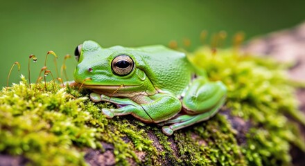 Obraz premium Close-up: Green-Eyed Treefrog on Wet Moss and Bark