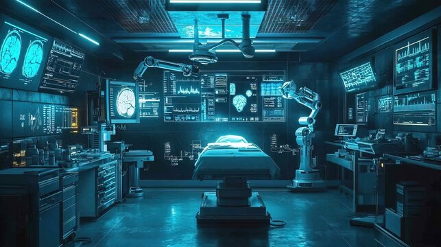 Futuristic surgery room with robotic arms assisting a surgeon, high-tech holograms displaying patient vitals