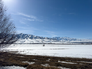Wide snowy valley with distant mountain range in Kyrgyzstan. Bright sunlight and deep blue sky over...