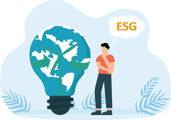 Businesswoman thinking with lightbulb lamp ecology problem ESG renewable, green, safe and long term source concept 

