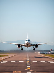 Naklejka premium White Passenger plane fly up over take-off runway from airport - El Prat-Barcelona airport. This airport was inaugurated in 1963 - Barcelona, Spain