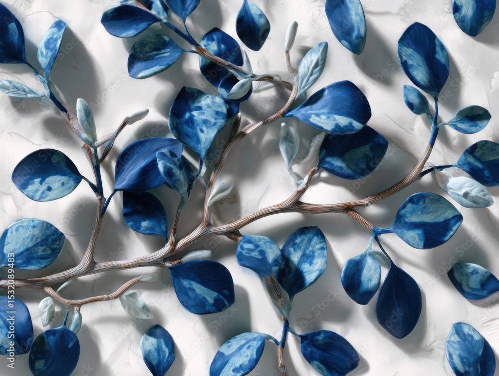 Poster abstract blue branch and leaves: an artistic composition of a delicate branch adorned with abstract 