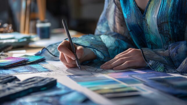 Fashion designer sketching with reflexive materials, creating innovative designs in studio lighting