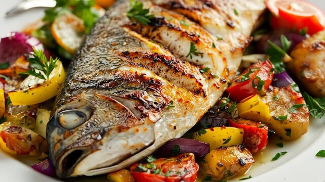 A close-up of a beautifully plated dish featuring grilled fish and a vegetable medley