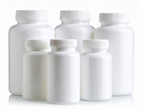 Several white pharmaceutical bottles