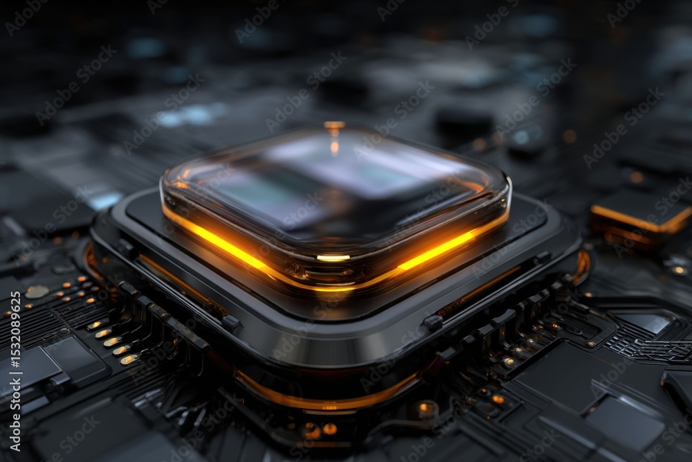 Poster modern tech powerhouse: a close-up shot showcasing the intricate design of a cutting-edge processor,