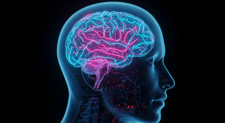 Glowing Digital Brain Representing Artificial Intelligence and Machine Learning. A digitally rendered brain split into symmetrical halves, one glowing orange and the other blue.