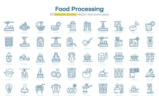 Food Processing line icon pack. Food Processing Stroke icon set. Editable Stroke icon