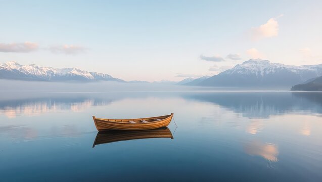 Wooden boat floating on a calm lake with mountains in the background and a clear blue sky above it all