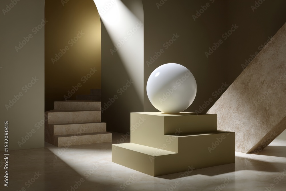 Poster geometric stage: a pristine, spherical orb sits atop a geometric platform, embraced by the soft ligh