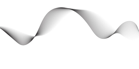 A minimalist, abstract wave design composed of delicate, overlapping black lines that create a subtle gradient and a sense of transparency. The wave flows smoothly across a pure white background.