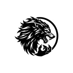 Obraz premium Powerful wolf head silhouette logo with bared teeth and fierce expression enclosed in bold circular vector frame