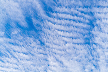 Blue sky on which white clouds dissipate in stripes under influence of wind in upper atmosphere. Backgrounds of natural phenomena, prerequisites for weather changes.