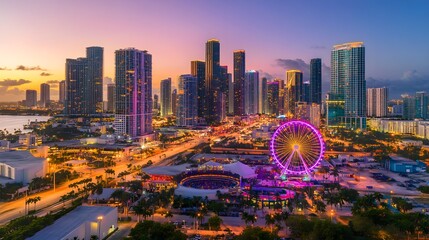 Fototapeta premium Miami skyline sunset ferris wheel cityscape