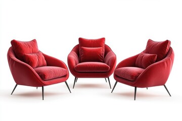 Three red armchairs with pillows on a white background