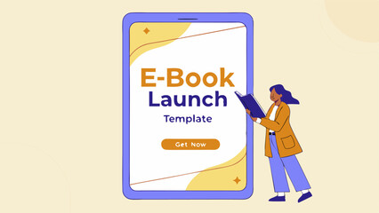 Illustration of a woman reading an e book launch template on a tablet device with a get now button shown