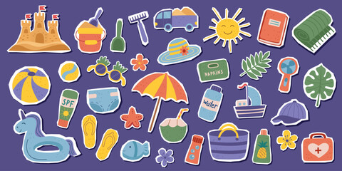 Set of summer travel beach objects isolated. Travel, summer and vacation concept. Vector flat cliparts.