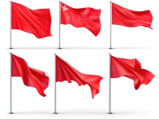 Six red flags on poles, isolated on white