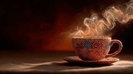 Hot beverage in ornate patterned teacup with swirling vapor and rich warm tones, perfect for food and drink photography

