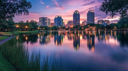 Tall skyscrapers reflecting in a calm lake during sunset.