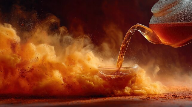 Warm beverage concept with rich amber tones, transparent teapot and glass cup creating a visually striking and atmospheric food image