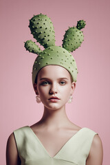  model wearing a couture hat in the shape of a cactus