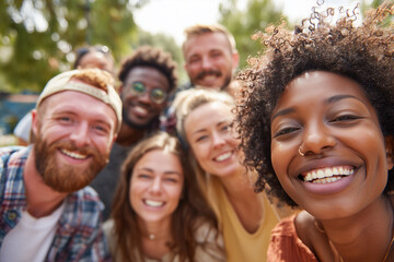 group of diverse friends laughing together in a sunny park 