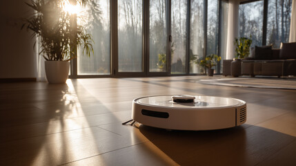 modern smart vacuum cleaner cleaning hardwood floor in bright minimalistic living room