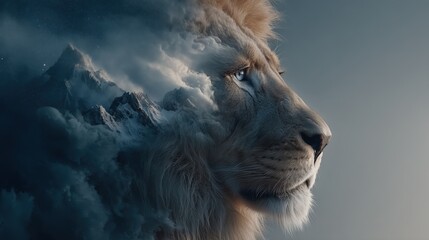 Creative double exposure illustration blending lion portrait with rugged nature landscape and atmospheric cloud textures

