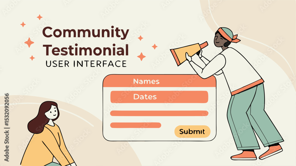 Poster community testimonial user interface with two people and form fields for names dates and submit butt