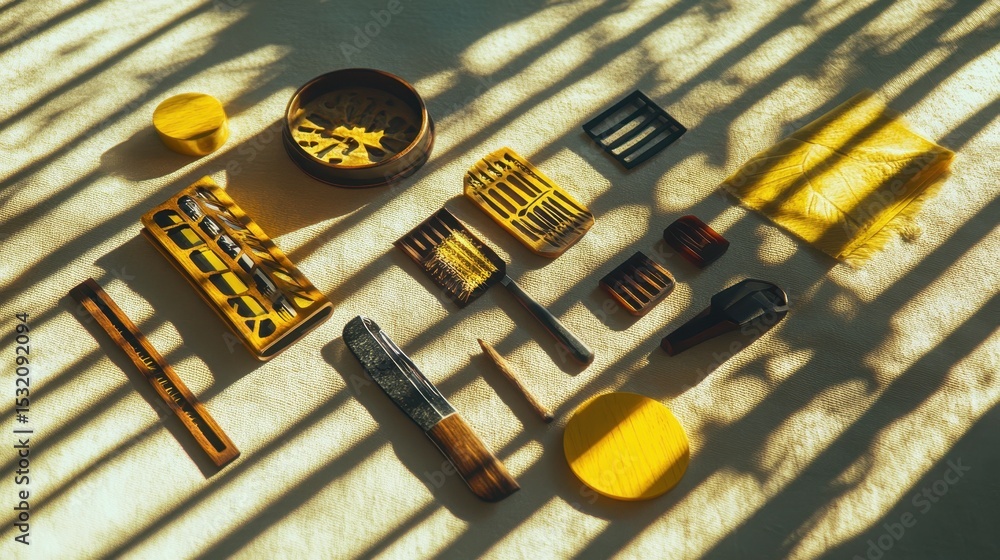 Poster a collection of assorted wooden and dark objects arranged on a light beige surface.