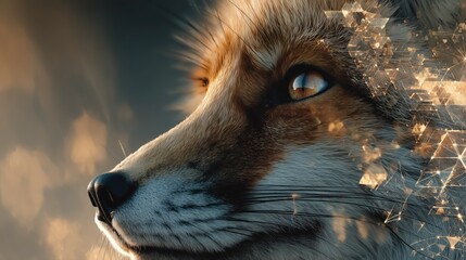 Creative wildlife concept featuring sharp-eyed fox merged with digital art elements, symbolizing intelligence, agility, and mystery

