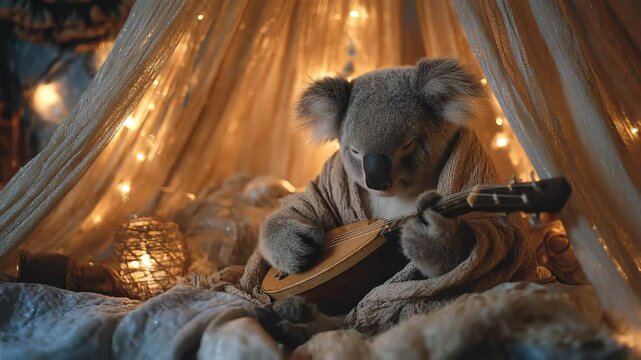 Cozy koala playing a mandolin inside a warmly lit blanket fort, surrounded by soft lights and fluffy textures in a dreamy ambiance.

