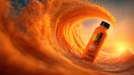 Creative product concept featuring bold energy drink captured within swirling orange energy waves for modern advertising and design


