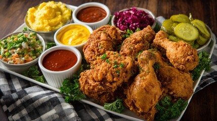 Delicious Crispy Fried Chicken Platter with Dips and Sides Mashed Potatoes Coleslaw Pickles and Sauces