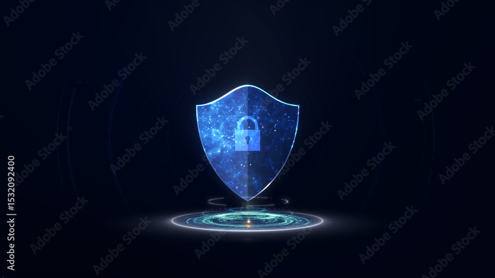 Poster blue glowing digital shield with lock icon symbolizes cybersecurity, data encryption, and internet s