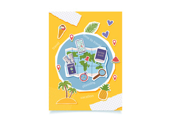 Travel collage poster. Summer vacation background. Travel concept. Vector flat card with travel objects.