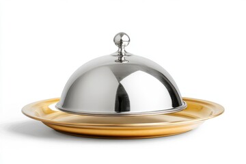 Silver food dome on gold plate, isolated on white